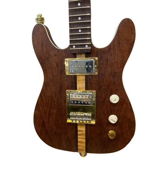 Custom guitar in dark figured wood with gold hardware, front view.