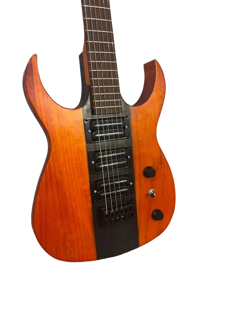 Custom electric guitar with an orange wood body and a dark wood center stripe, front view.