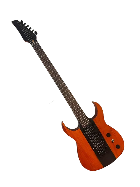 The same orange and dark-striped custom guitar, shown at an angle.