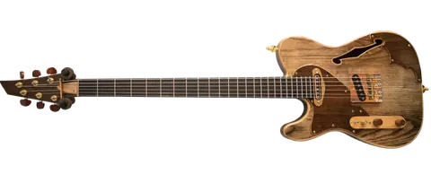 Semi-hollow guitar in a textured wood finish, shown lying horizontally.