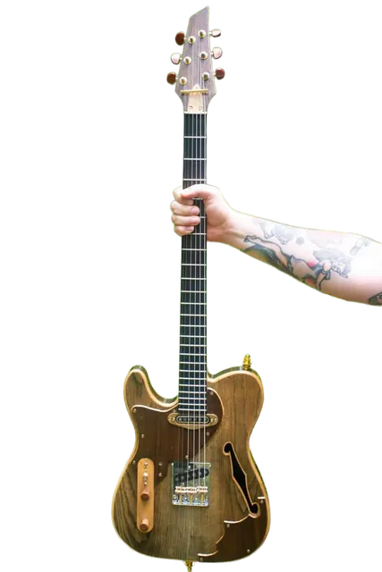 Semi-hollow Tele-style guitar with a dark neck, held up by the neck.