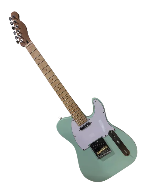 Tele-style guitar in seafoam green with a white-lavender pickguard.