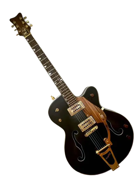 Hollow-body guitar with a dark finish and a copper-colored wood front panel.