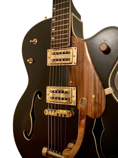 Close-up of the hollow-body guitar's pickups and wood front panel.