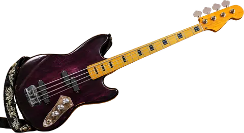Purple-finished bass with a yellow maple neck and a floral strap.