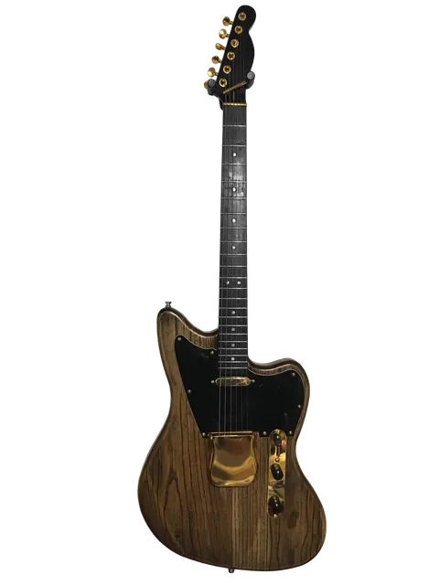 Offset-style guitar in dark-stained wood with a black pickguard.