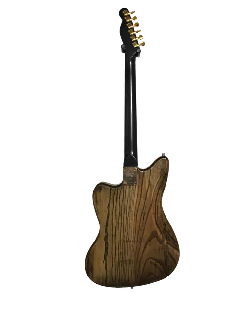 Rear view of the offset-style guitar showing the wood grain.
