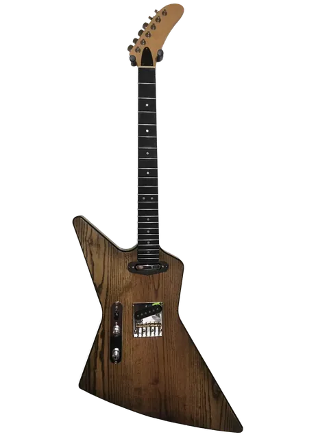 Explorer-shaped guitar in dark-stained wood.