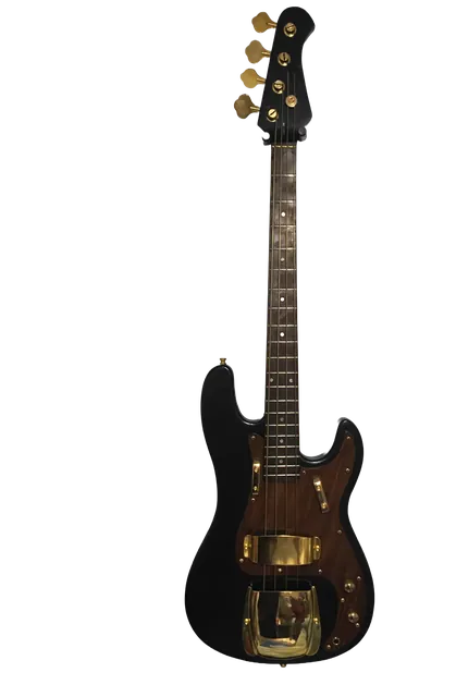 Black bass with a wood front panel and gold hardware.