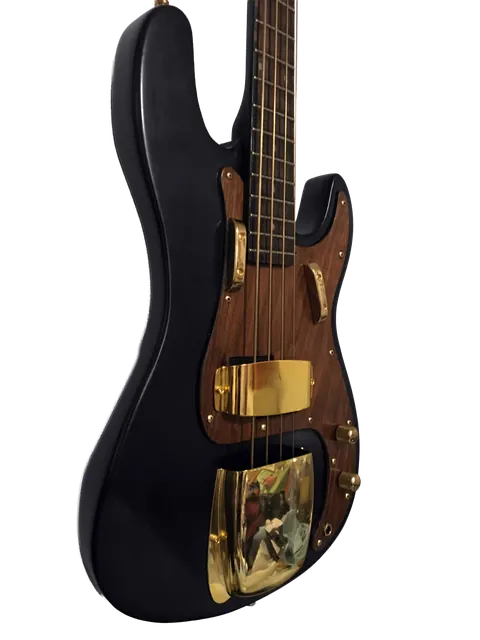 The black and gold bass shown at an angle.