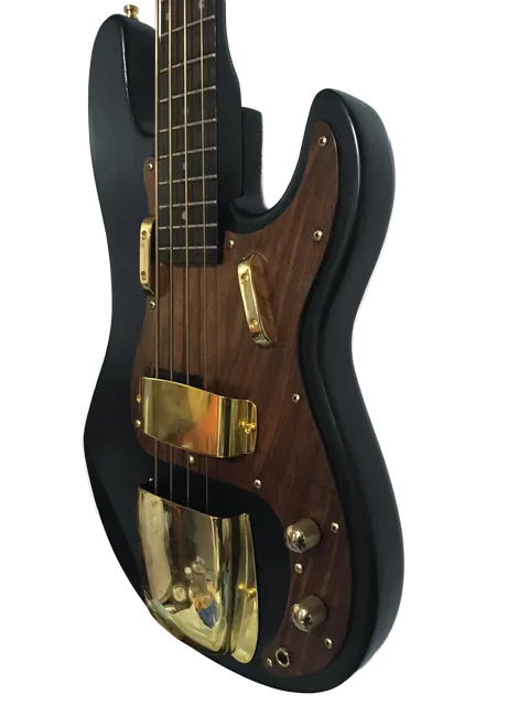 Another angle of the black bass with a wood front panel and gold hardware.